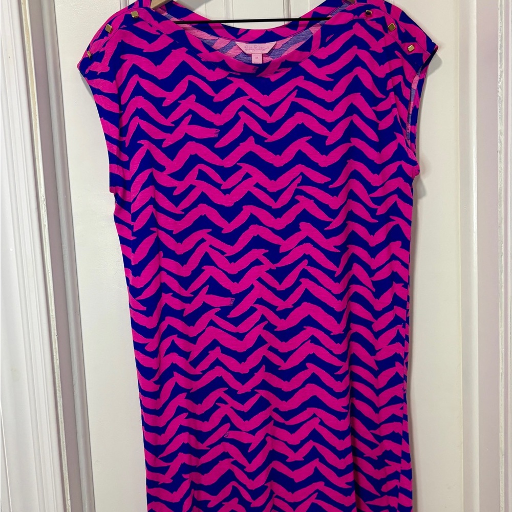 Lilly Pulitzer‎ Womens Robyn Shift Short Dress Medium I Got Lucky Pop Pink Blue
